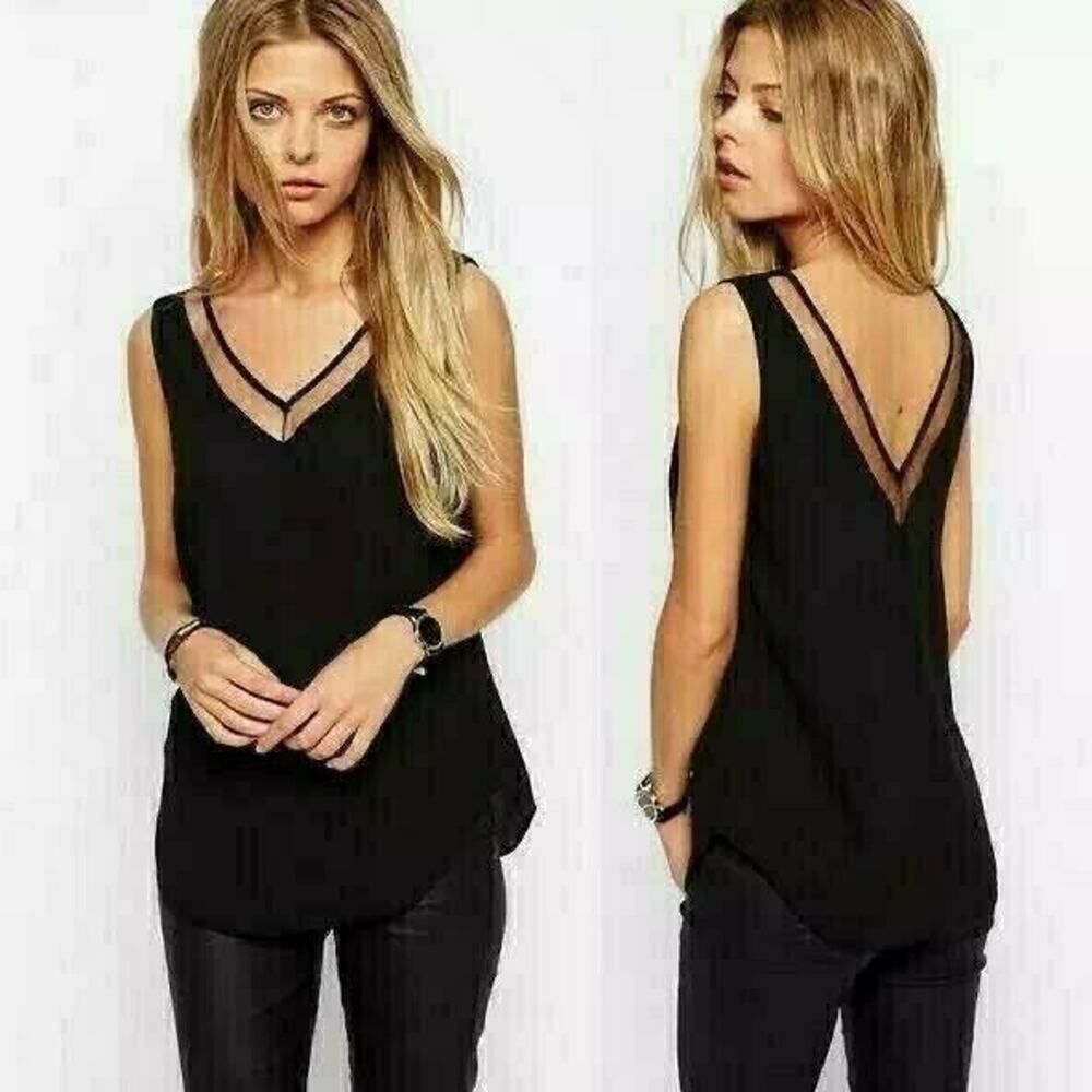 Los Angeles Boutique Summer Tank Top Sleeveless V-Neck V-Back NEW Blouse Black L